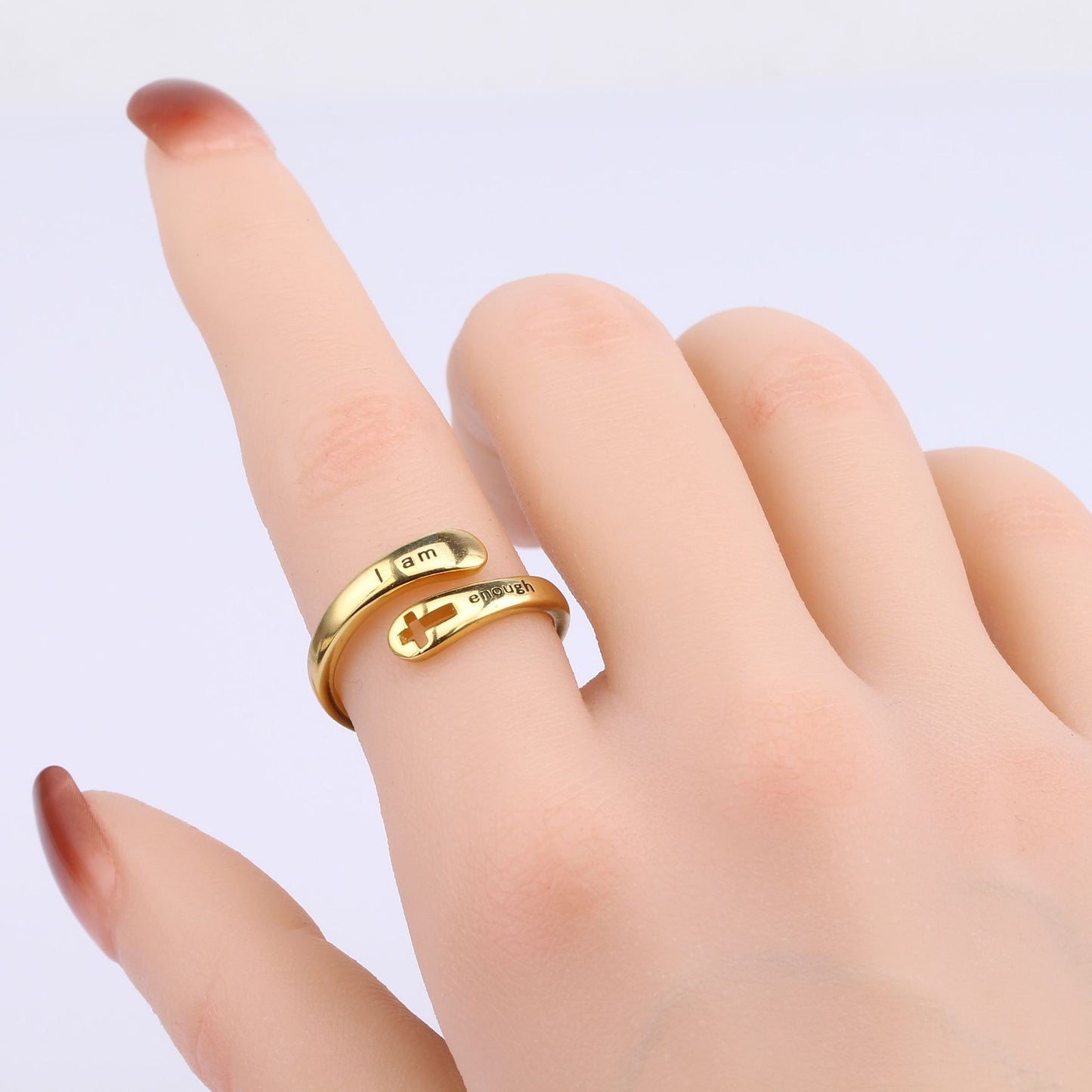 Bague en argent réglable avec croix creuse « Je suis assez foi »