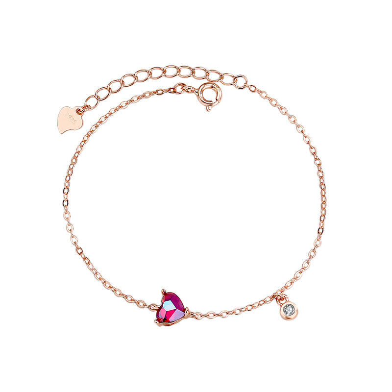 Sterling Silver Rose Gold Ruby Zirconia Heart Bracelet