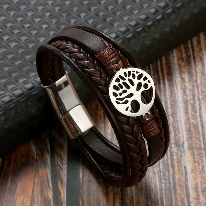 Simple Multilayer Leather Tree of Life Shaped Magnetic Bracelet