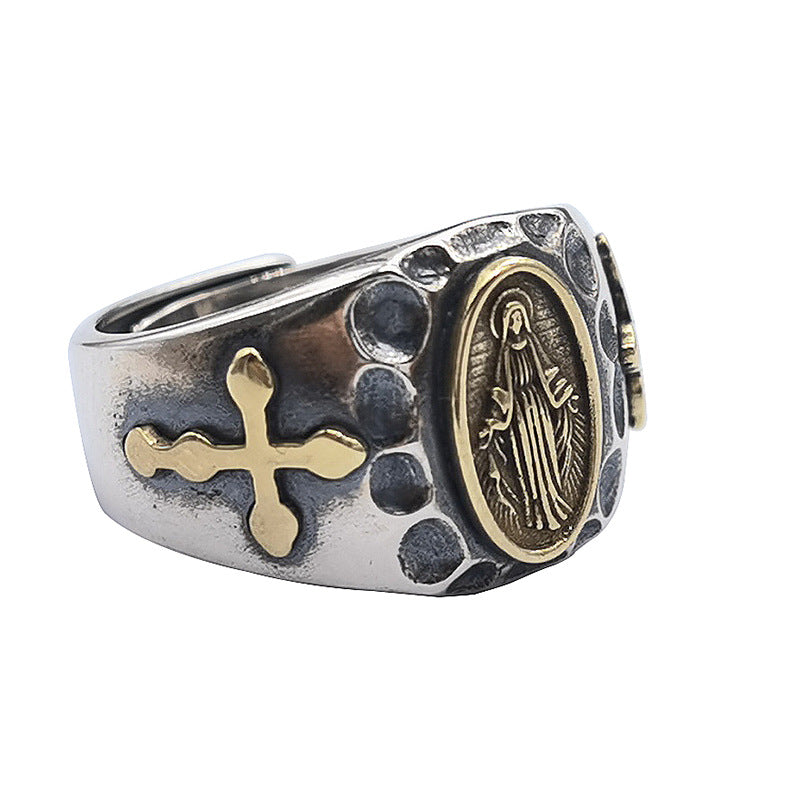 Bague en argent ouverte avec croix mariale vintage