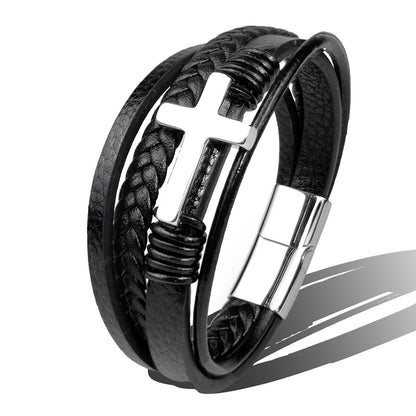 Bracelet en acier inoxydable avec croix en cuir marron noir