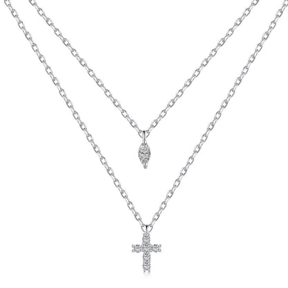 Double Layer Cubic Zirconia Cross Necklace in Sterling Silver