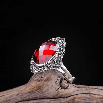 Vintage Flower Garnet Red Adjustable Silver Ring