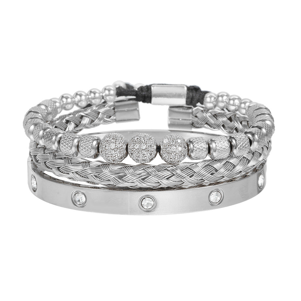 Titanium Steel Vintage Zirconia Openwork Braided Bracelet Set of Three