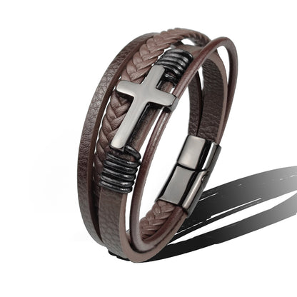 Bracelet en acier inoxydable avec croix en cuir marron noir