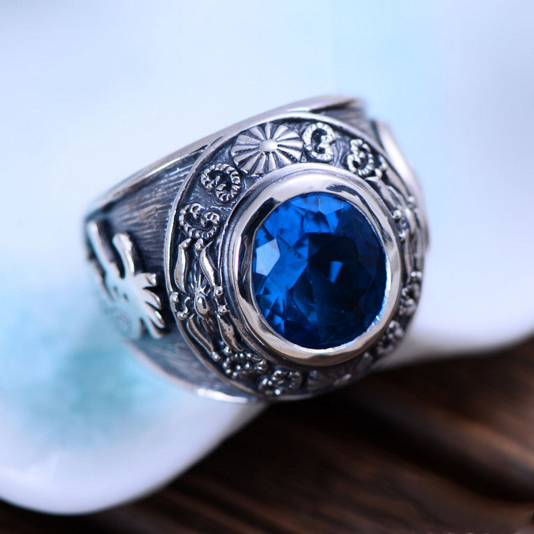 Vintage Totem Blauer Kristall Sterling Silber Ring